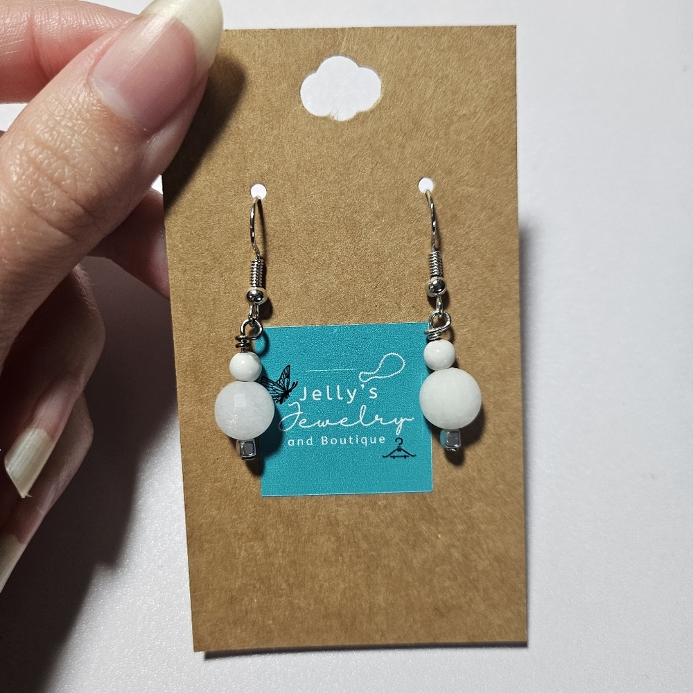 Jelly's Jewelry and Boutique Handcrafted White and Silver Hook Dangle Earring